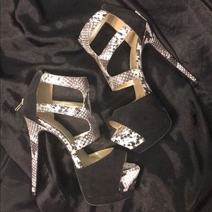 Bebe Black Snake Print Platform Heels